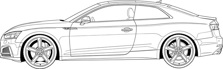 Elegant luxury sports coupe car side view line art illustration, ideal for automotive technical drawing, speed, and premium transport design concepts in black outline.