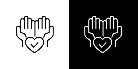 Fototapeta premium Symbolic line art icon illustration featuring open hands gently cradling a heart with a checkmark, signifying validated care, community support, and confirmed benevolence