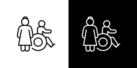 Adult woman assisting person in wheelchair icon, symbolizing accessible living, human support, and inclusive community for individuals with disabilities