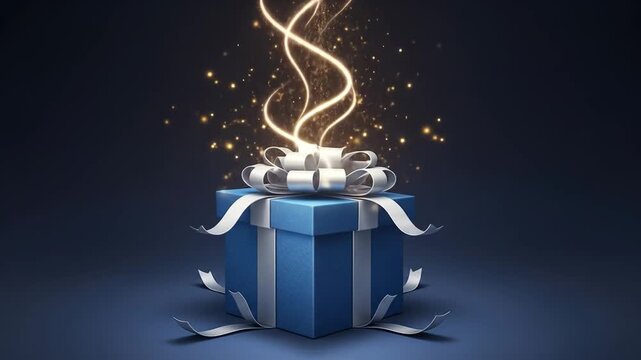 A magical blue gift box with a white ribbon and bow, emitting golden glowing light and sparkling particles from its opening.
