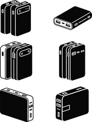 Six Black Silhouette Power Bank Icons portable charger