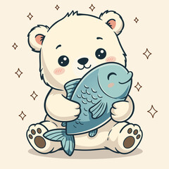 Happy Little Polar Bear Cub Cuddling His Freshly Caught Fish Vector Art © Isuri