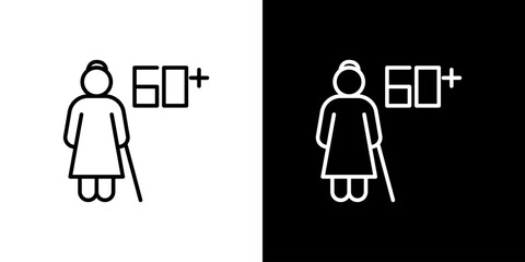 Outline vector icon of an elderly woman holding a cane with '60+' text, symbolizing senior age, retirement, mature adult population, and social demographics