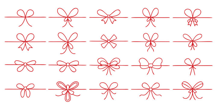 Doodle gift bow. Simple doodle red bows with string and knot for present. Minimalist line art vector for Christmas celebration and coquette holiday decoration, birthday party or festive package