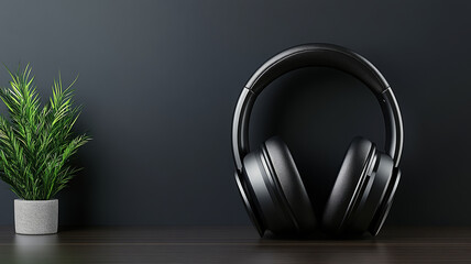 High end headphones, black, modern, minimal, dramatic light, on wooden table, stylish mood