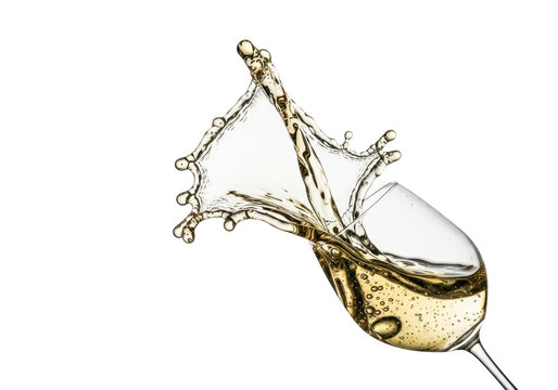 Dynamic, frozen splash of luminous pale gold white wine and spherical droplets pouring from a tilted, transparent, thin-stemmed glass against a transparent background with copy space. Concept for