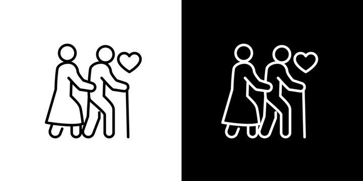 Single icon of senior couple walking together, symbolizing enduring love and compassionate support in later life, a testament to lasting companionship and mutual care - Powered by Adobe