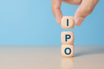 Busiiness Concept IPO Stack of wooden blocks with letters, Initial Public Offering IPO concept