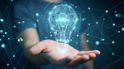 Futuristic digital light bulb hovering above human hand symbolizing innovation artificial intelligence and smart technology