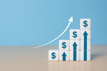 Interest finance or mortgage rates. Dice with currency symbols and arrow pointing up icons. Financial growth, Deposit interest increase, inflation, sale price and dollar exchange rate rise
