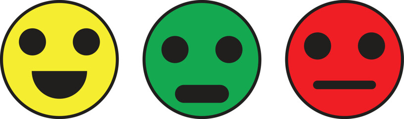 Fototapeta premium Three colorful emoticons representing different emotional states: happy, neutral, and displeased, used for feedback or ratings.