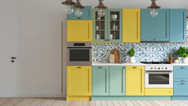 A vibrant and modern kitchen interior featuring colorful yellow, teal, and blue cabinets, with a stylish tiled backsplash and contemporary appliances.
