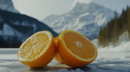 Contrast of Freshness, Orange Slices in a Winter Wonderland Landscape