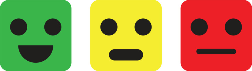 Three square-shaped emoticons in green, yellow, and red, depicting happy, neutral, and unhappy expressions, representing a range of emotions or feedback.