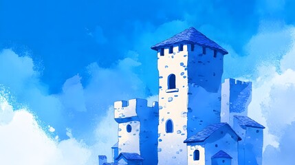 Enchanting Medieval Castle Tower Reaching Towards a Vibrant Blue Sky.