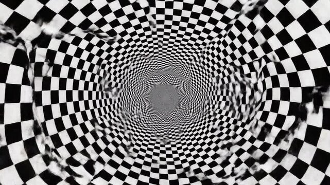 Abstract black and white checkerboard pattern creating an optical illusion of a swirling vortex tunnel.