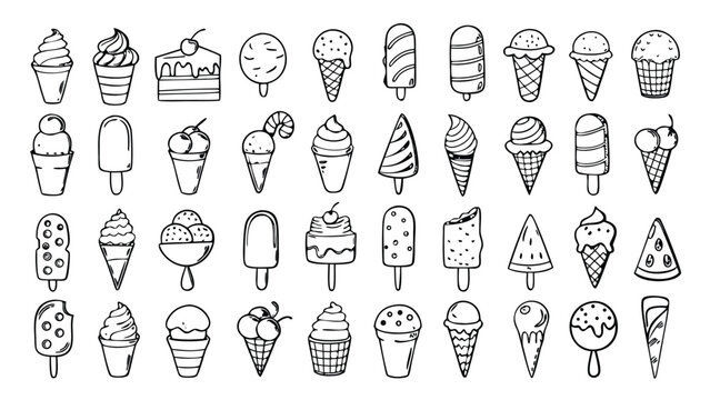 Sketch ice cream. Doodle frozen gelato dessert, eskimo and ice-cream in waffle cone, sundae scoops. Hand drawn vintage menu elements. Vector isolated set