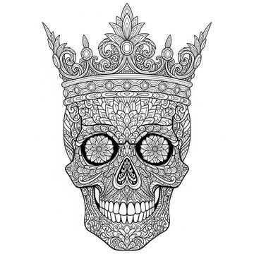 Ornate monarchical cranium design rendered in intricate black and white line art style