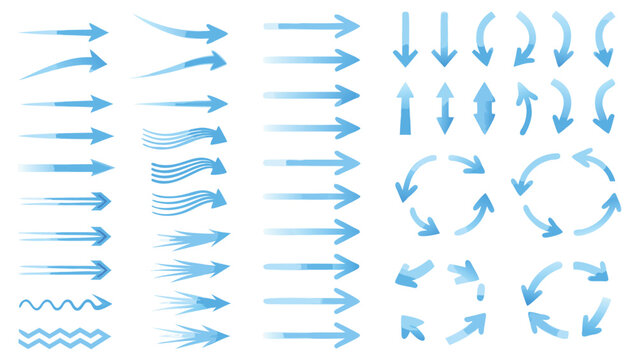 Air flow arrows. Blue cold wind stream, fresh water direction, filter and conditioner system infographic transparent movement and rotation elements. Vector arrow icons set

