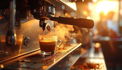 A professional barista uses a hot espresso coffee maker to prepare a fresh caffeine beverage in a modern kitchen or cafe restaurant setting