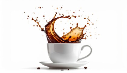 Isolated illustration of a brown cup of hot espresso coffee with steam and aroma splashing over a white saucer in a cafe breakfast setting