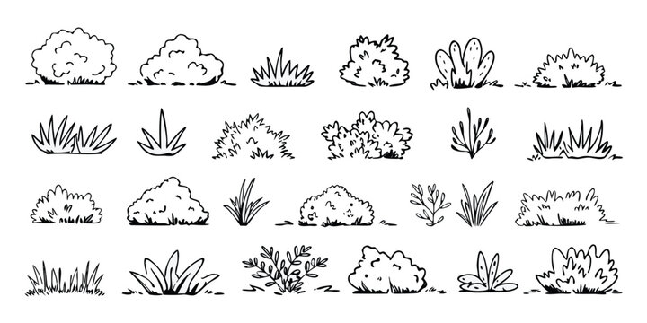 Grass and bush outline tree doodle for lawn vector cute landscape with hand drawn plant and minimal silhouette. Greenery line art for jungle, park and garden. Cartoon sketch and scribble vector set
