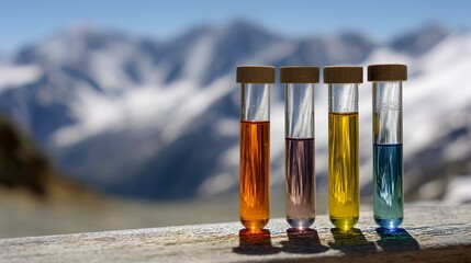 Four Test Tubes Filled With Colorful Liquids on a Wooden Surface with Mountain Background.