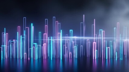 Abstract neon light bars creating a futuristic digital cityscape or data visualization with vibrant blue and pink glow - Powered by Adobe