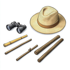 Straw hat binocular bamboo wooden stick outdoor adventure travel exploration equipment