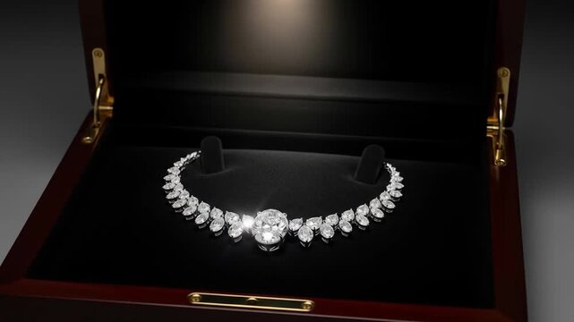 A sparkling diamond necklace with a large central oval-cut diamond elegantly displayed in a luxurious wooden jewelry box with black velvet lining.