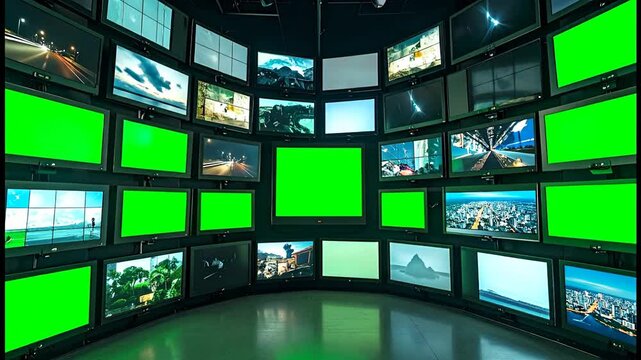 Large curved video wall displaying numerous monitors, many with green screens for customizable content and various digital media.