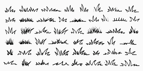 Grass line doodle. Outline grassland or meadow sketch, simple field design. Black grass brush stroke hand drawn texture for garden pattern or lawn. Herb marker vector isolated element