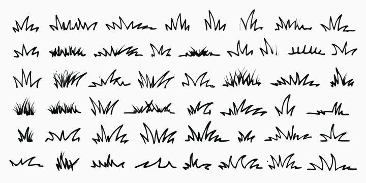 Grass line doodle. Outline grassland or meadow sketch, simple field design. Black grass brush stroke hand drawn texture for garden pattern or lawn. Herb marker vector isolated element
