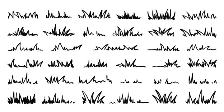 Grass line doodle. Outline grassland or meadow sketch, simple field design. Black grass brush stroke hand drawn texture for garden pattern or lawn. Herb marker vector isolated element