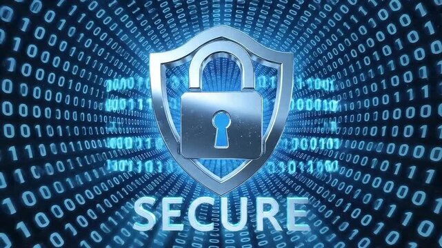Secure digital shield with padlock and binary code concept for cybersecurity and data protection technology background.