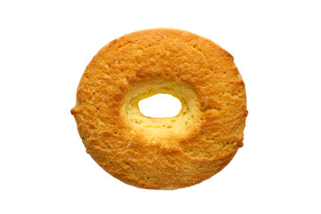 Round corn biscuits with a hole on a white background. One Cookie Close-Up