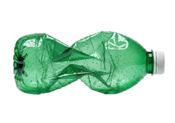 severely crumpled emerald green pet plastic bottle with white cap and water droplets, hyper-detailed macro close-up on stark white background, sharp studio light. concept of material waste and