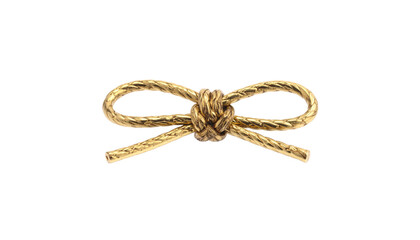 A strong, rough-textured brown sailing rope is tied in a tight knot against a white background