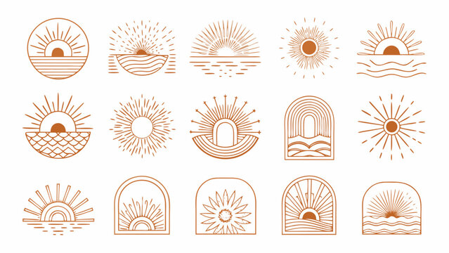 Bohemian sun. Abstract boho suns and arc windows, sunburst. Bohemian minimalist line sunrise and sunset in water of sea waves. Vector mystic outline icons and logo
