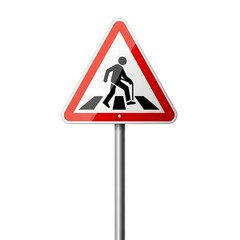 A warning sign indicating a pedestrian crossing, featuring a silhouette of an elderly person with a cane crossing a crosswalk.