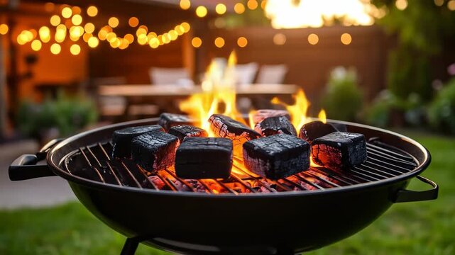 Close-up of burning charcoal briquettes on a barbecue grill with warm string lights in an outdoor setting.