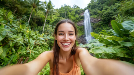 Smiling woman selfie tropical jungle waterfall lush green nature travel adventure
