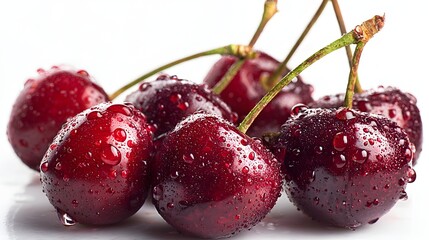 Fresh Ripe Cherries with Water Droplets on a White Background.
