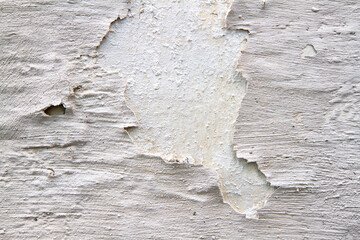 An old whitewashed wall with crumbling plaster. Close-up of peeling plaster