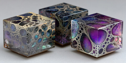 An abstract artistic composition of three translucent cubes with an organic cellular structure and iridescent cosmic hues. 