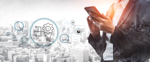 Business innovation and research for process automation. A concept of developing new ideas and technology for strategic growth and market analysis. Motif