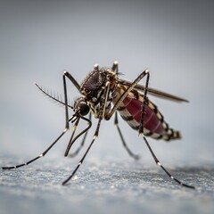 A close-up, detailed macro photograph of a mosquito with its proboscis extended, showcasing its intricate body and striped abdomen.