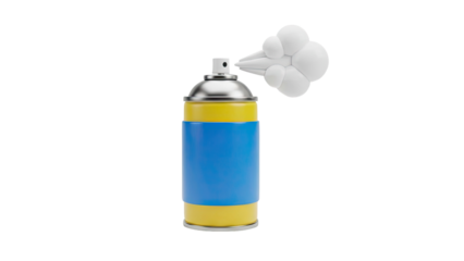 3D Spray can with blue and yellow design spraying white mist on transparent background