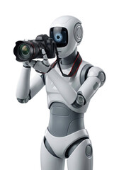 Photographer robot holding digital camera isolated. Technology hobby character.