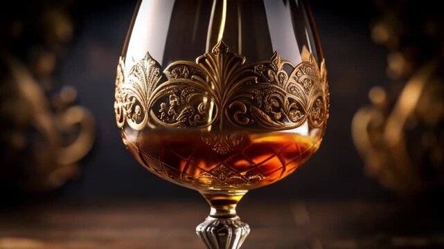 An elegant close-up of a luxurious glass goblet with ornate gold detailing, holding a rich amber spirit on a dark, reflective surface.